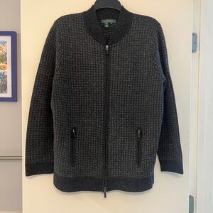 Men’s Ralph Lauren 100% Lambswool houndstooth Black & Gray Zip Up Sweater Sz XL